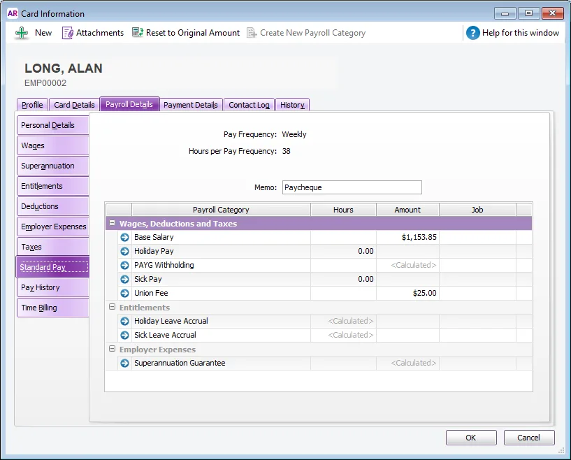 Example standard pay details