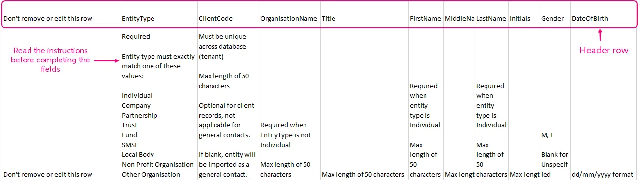 Example of the CSV file highlighted the header row and a note pointing to the information below the header row saying 'Read the instructions before completing the fields'