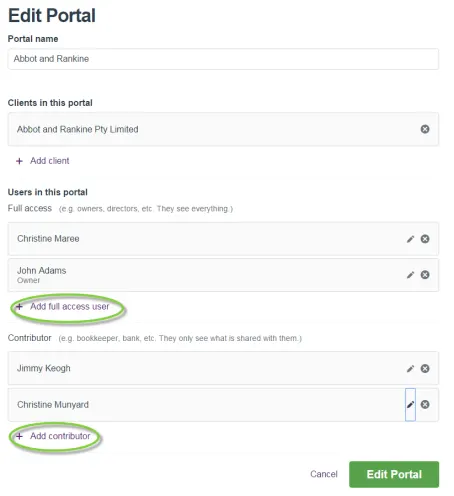 Edit Portal page with the Add full access user and Add contributor options highlighted.
