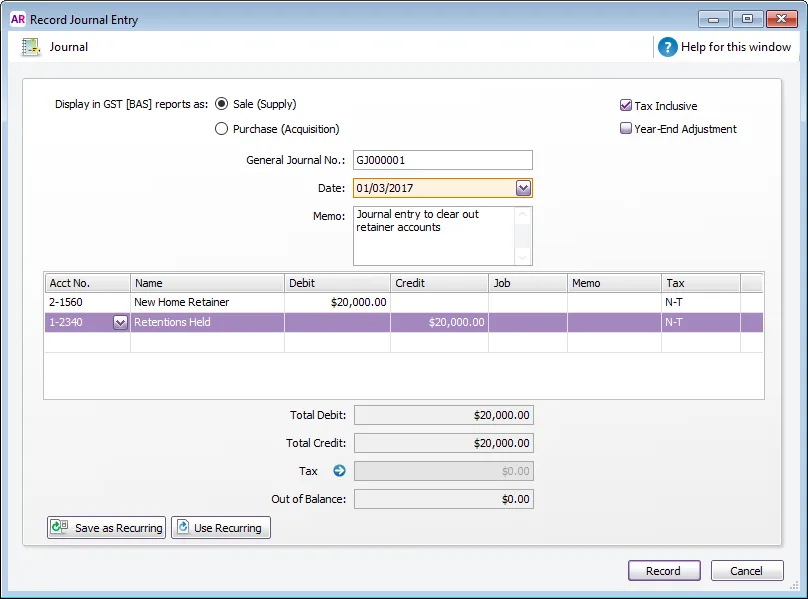 Journal to clear retainer accounts