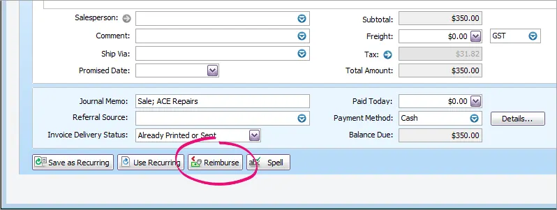 Reimburse button highlighted at the bottom of an invoice