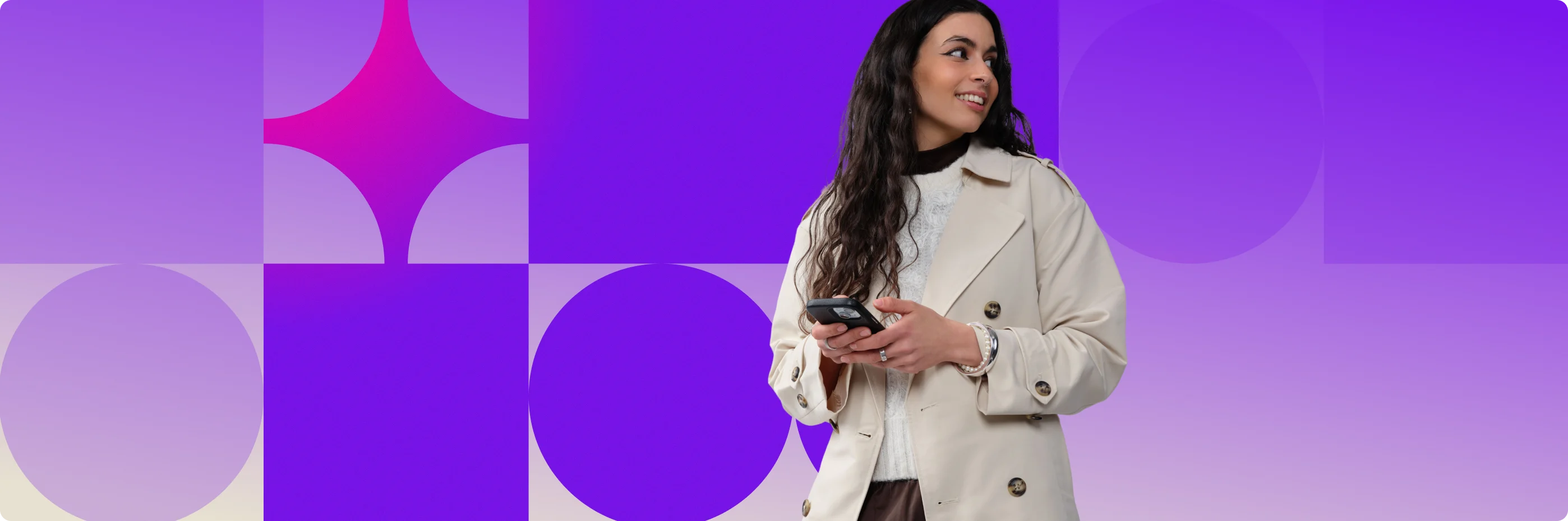 A smiling woman in a beige coat holds a phone against a purple geometric background with "with Iris by MYOB" logo.