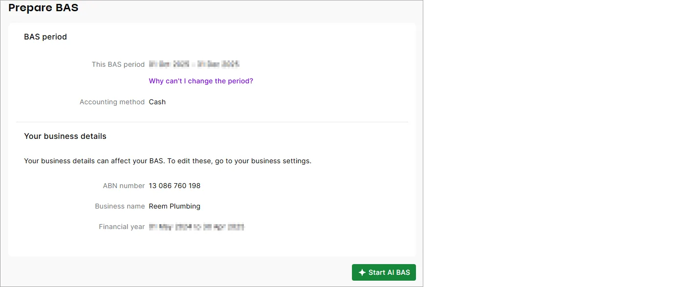 Example start screen for AI BAS