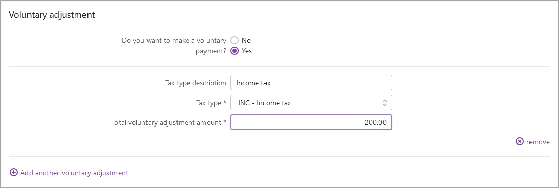 Total voluntary adjustment amount showing -200.00