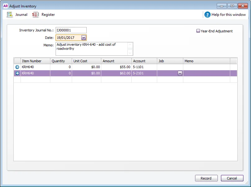 Example inventory adjustment