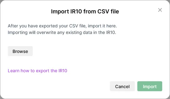 Import 10 from CSV file window showing the Browse button