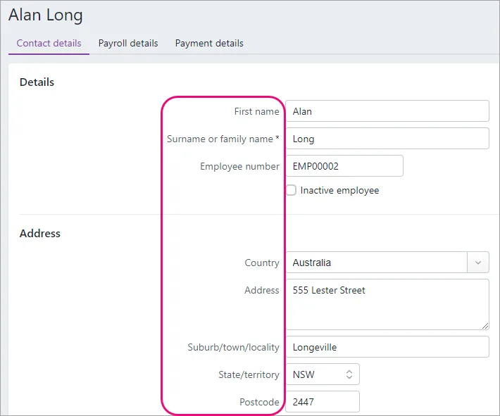 Example employee contact details