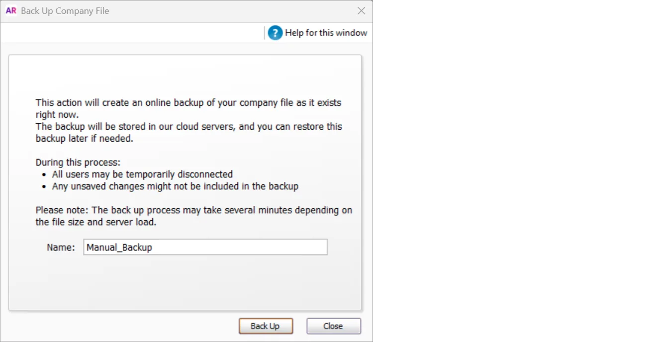 Example window for creating an online backup