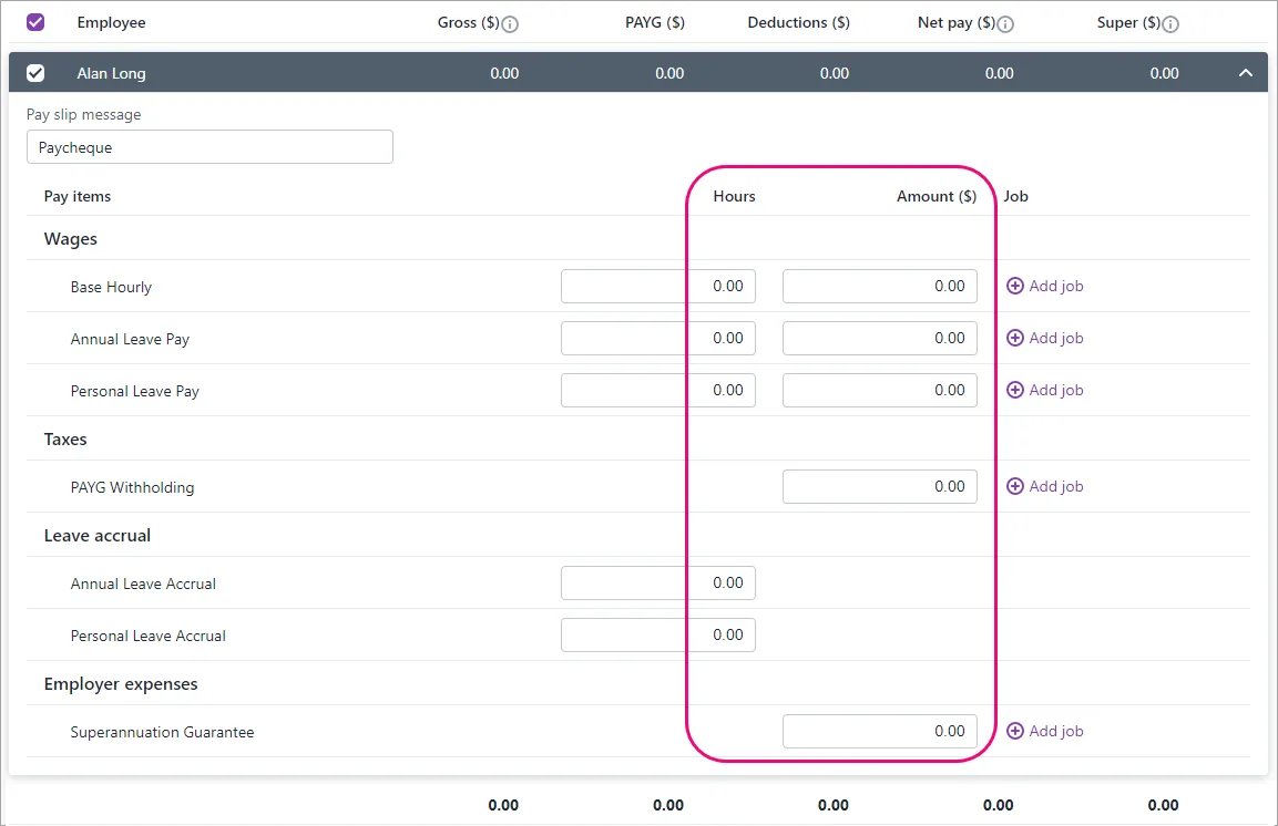 Example zero dollar pay with zero hours and amounts highlighted