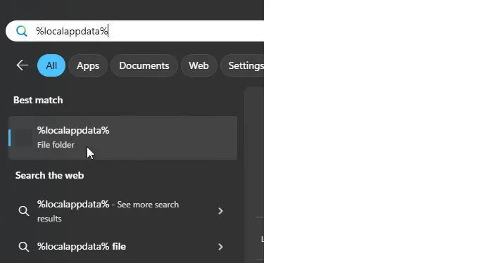 Local app data in windows search
