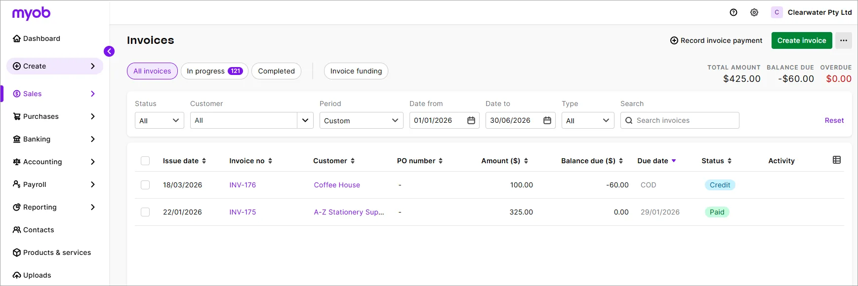 Example invoices page