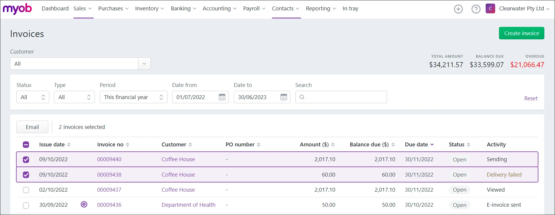 Invoices page