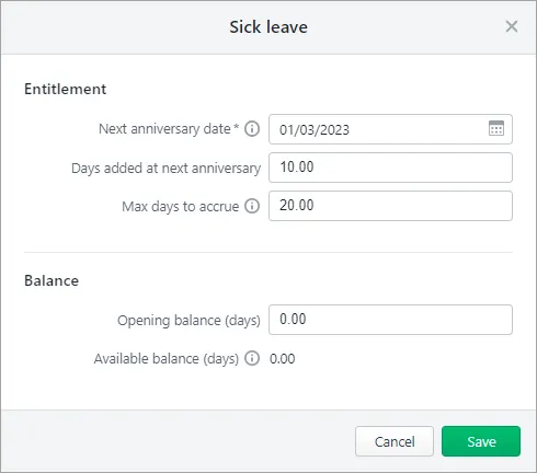 Example sick leave screen for a new employee