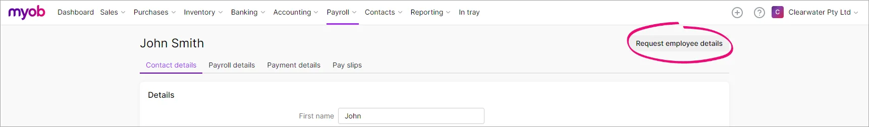 Request employee details button highlighted in an employee record
