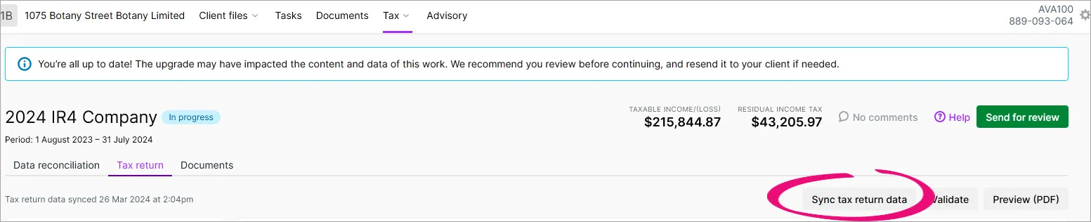 Sync tax return data button highlighted next to the Validate and Download documents buttons in the Tax return page