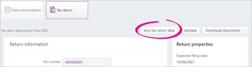 Sync tax return data button highlighted next to the Validate and Download documents buttons in the Tax return page