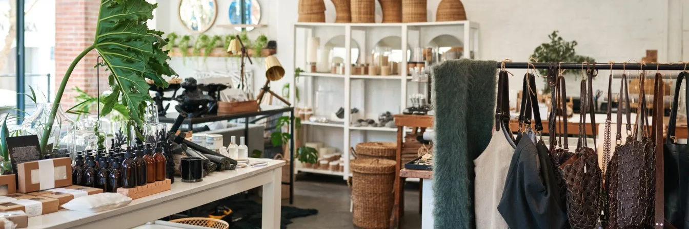 Stylish home goods boutique with natural decor, wicker baskets, hanging bags, and houseplants in an airy space.