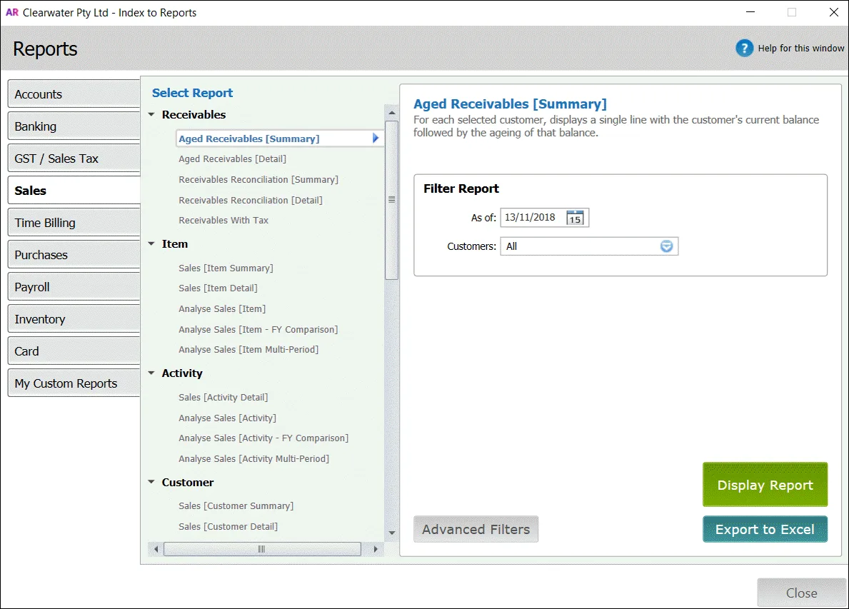 AccountRight Indext to Reports window