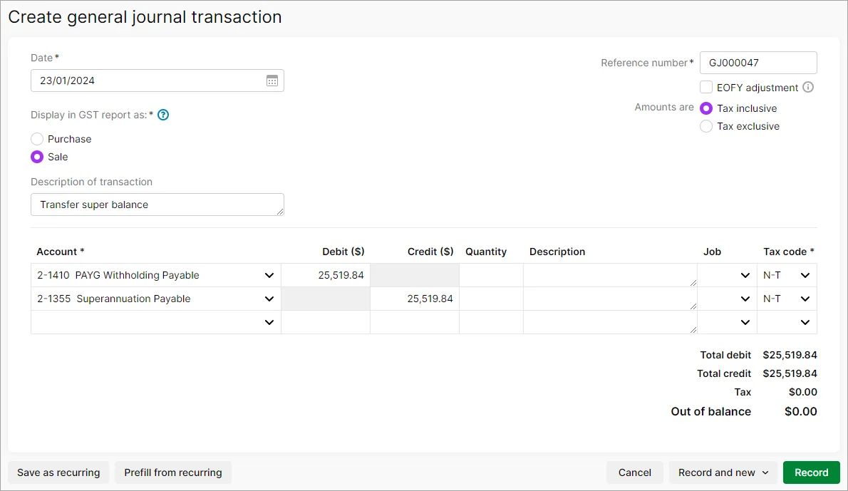 Example journal for transferring super balance from PAYG to super liability account