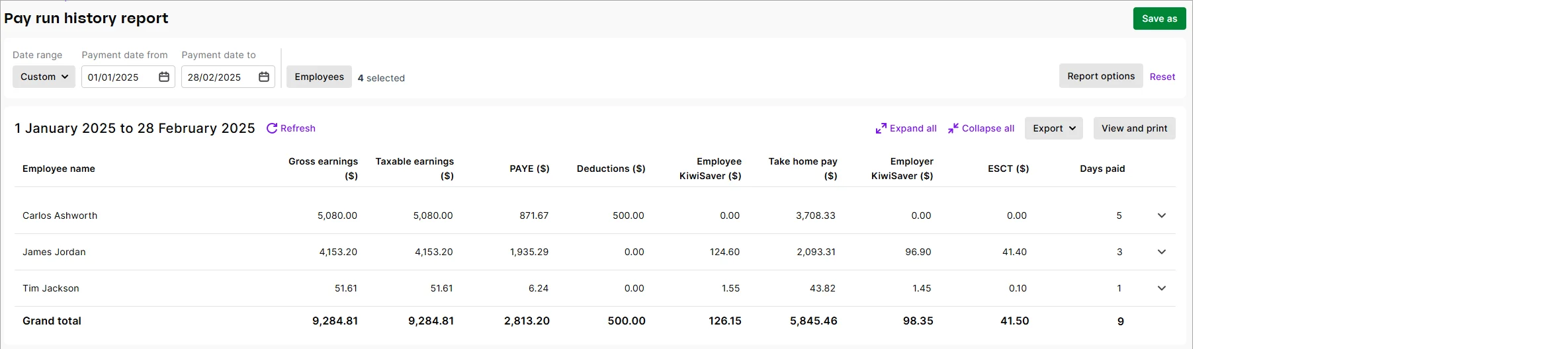 Example pay run history report