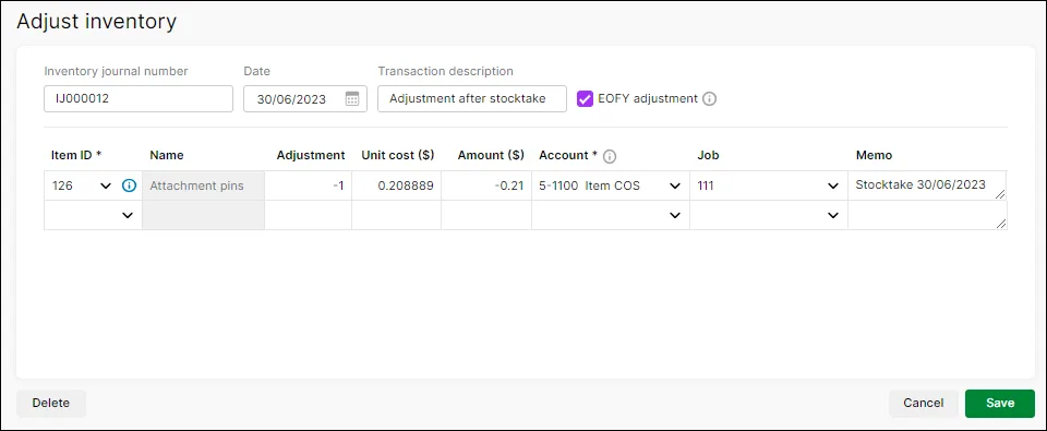 Inventory adjustment after stock count