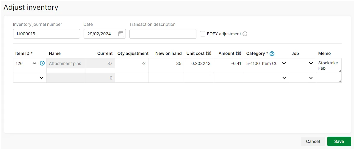 Inventory adjustment after stock count