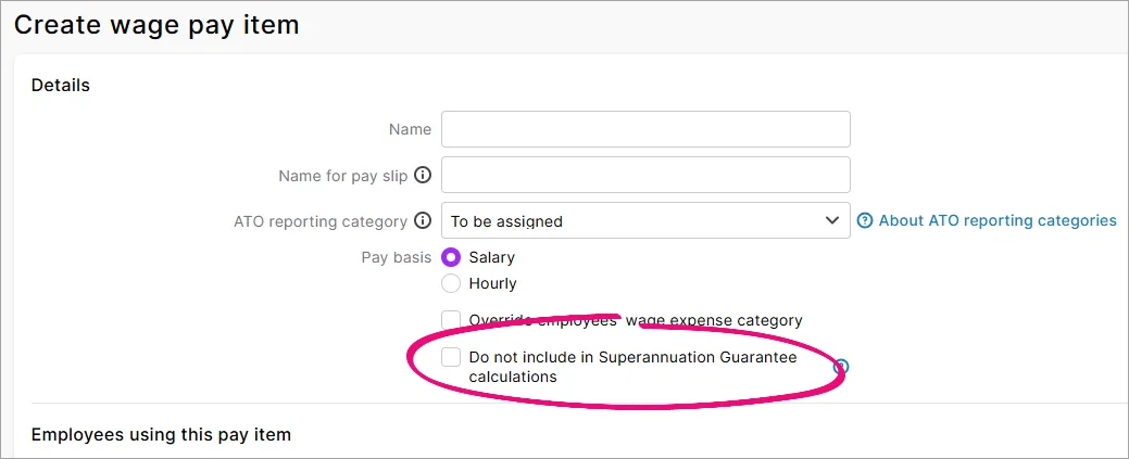 Example wage pay item with super exclusion option highlighted