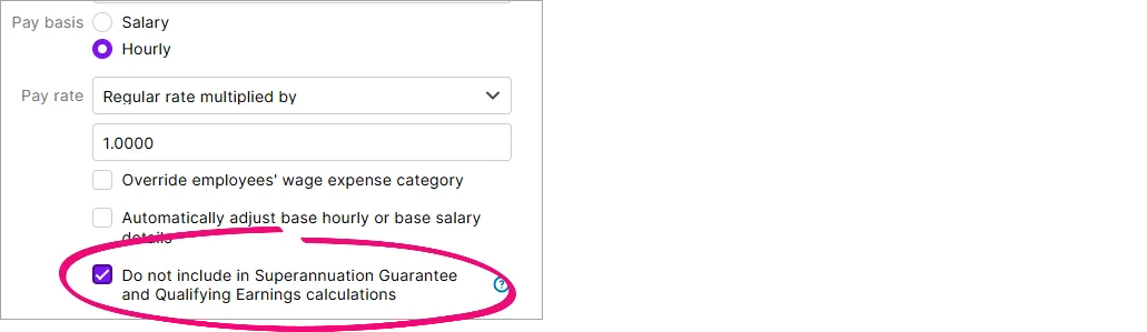Example wage pay item with super exclusion option highlighted
