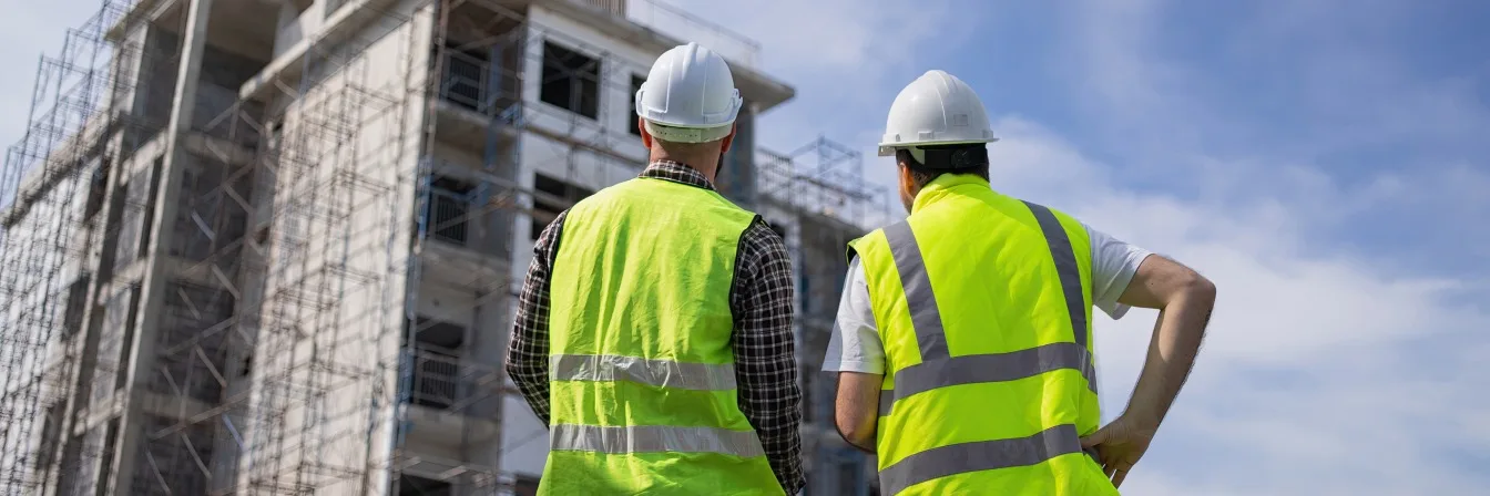 Two construction workers in white helmets and high-visibility vests observing a building under construction against blue sky.