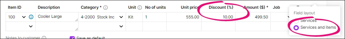 Invoice discount on a services and item layout invoice