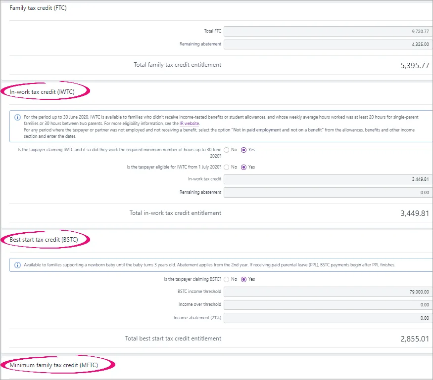 In-work tax credit (IWTC), Best start tax credit (BSTC), Minimum family tax credit (MFTC) section headings highlighted