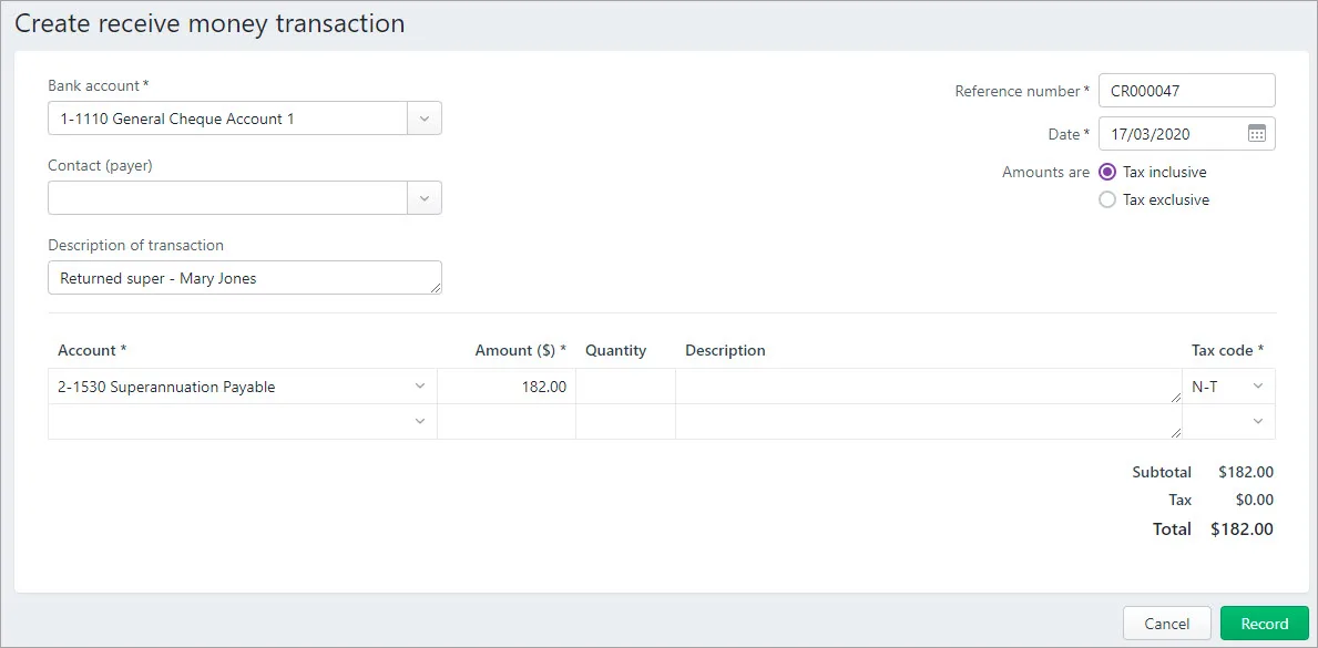 Example receive money transaction for returned super