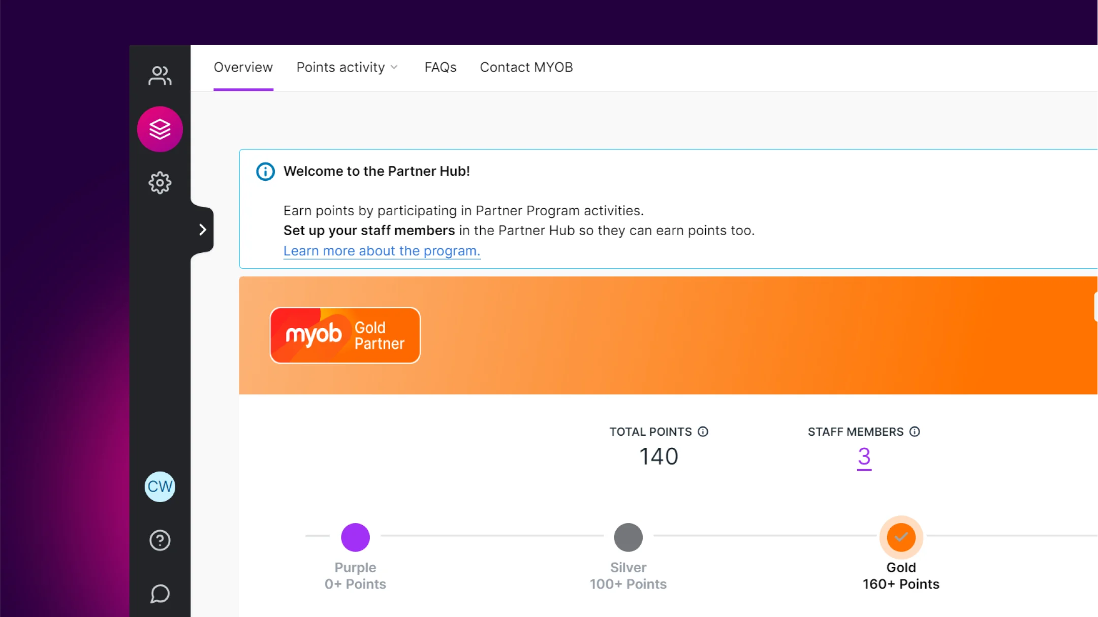 MYOB Partner program dashboard showing a gold partner with 140 points. 