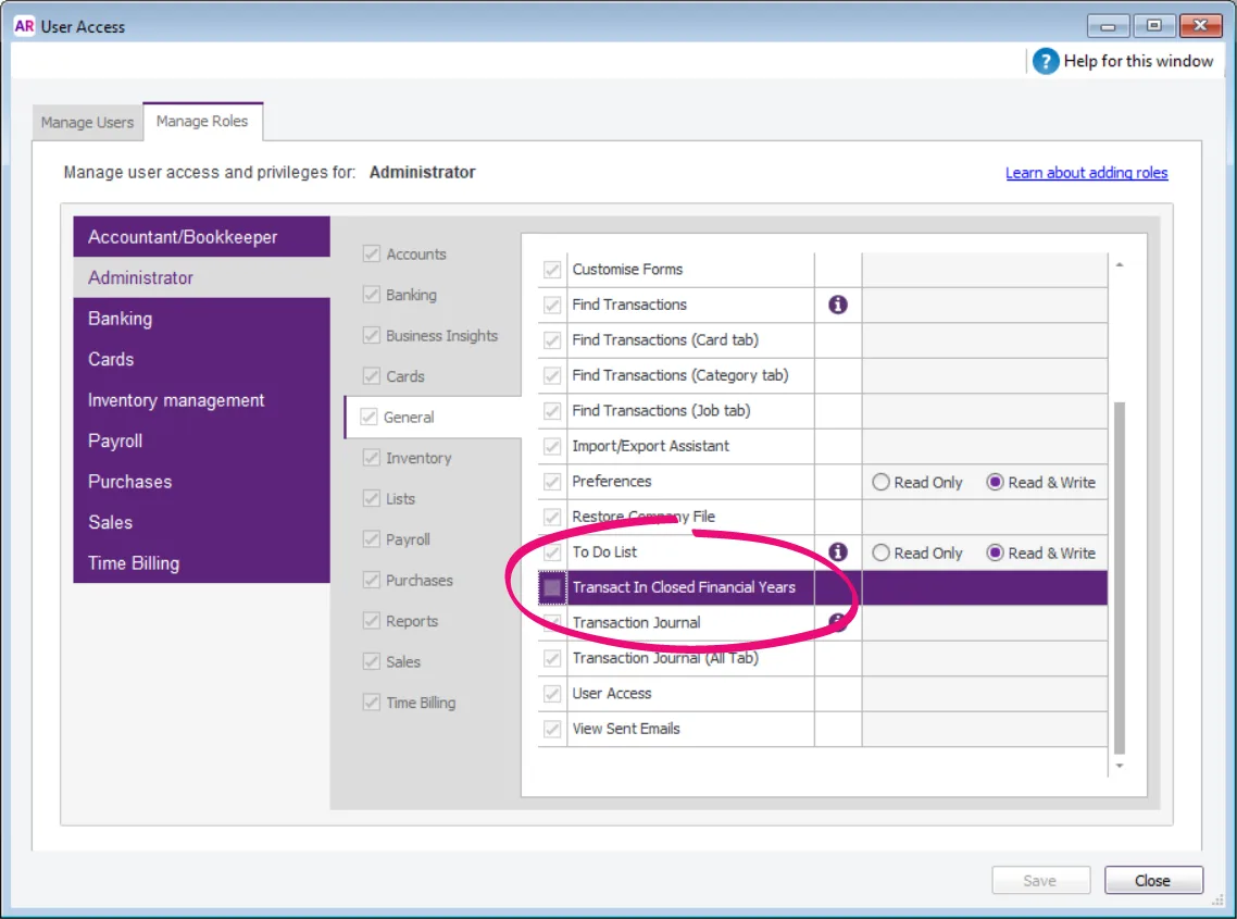 User role for controlling prior year changes