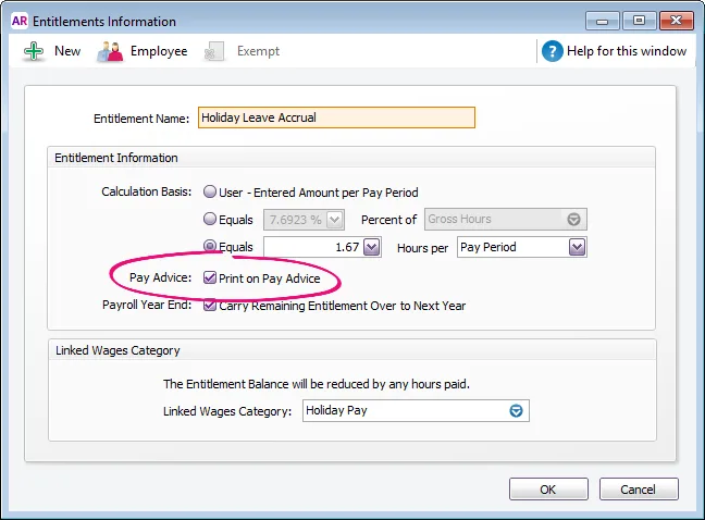 Select the Print on Pay Advice option in a payroll category