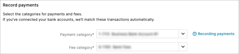 Example online payments settings with payment and fee category fields shown