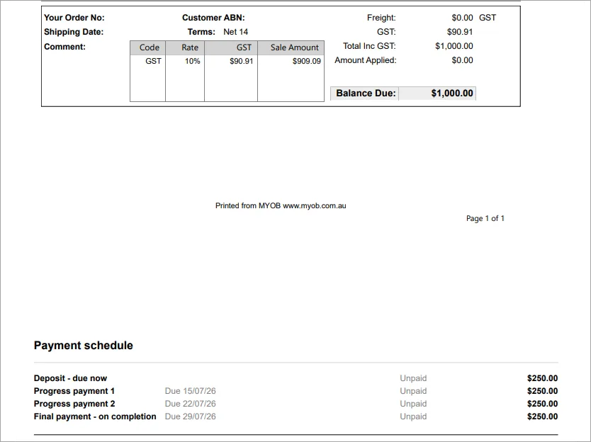 Example payment schedule details on the last page of a PDF invoice