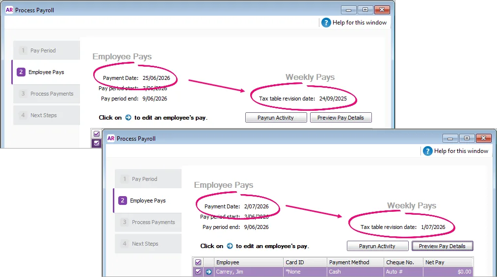 Two pay runs for different payroll years with payment date and tax table dates highlighted