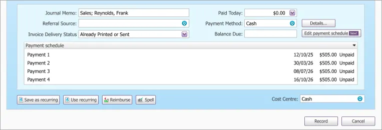 Example schedule at the bottom of the AccountRight invoice