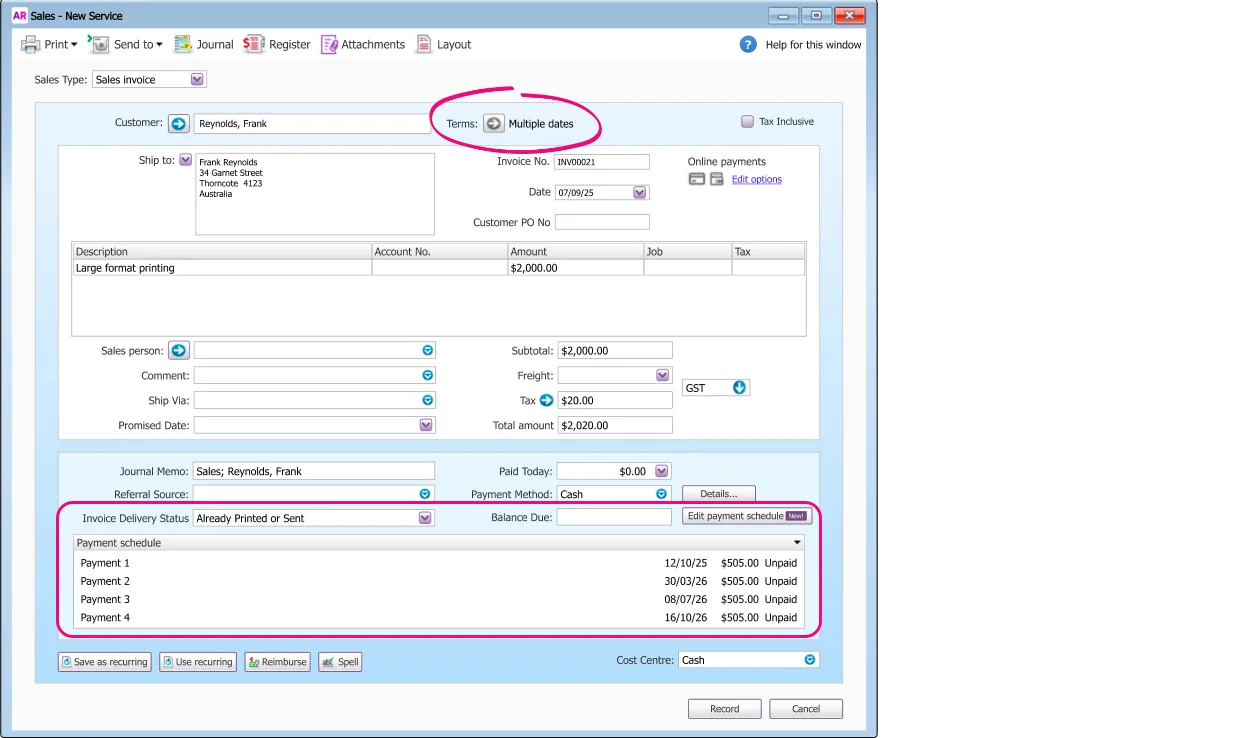 Example invoice with payment schedule and terms highlighted