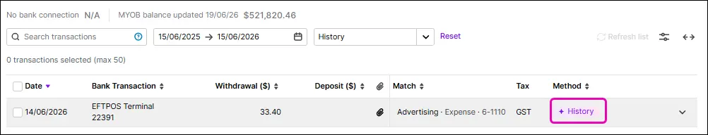 Category matches are indicated by History
