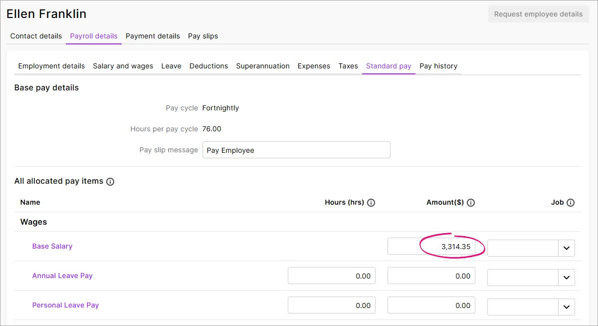 Example standard pay with base salary amount highlighted