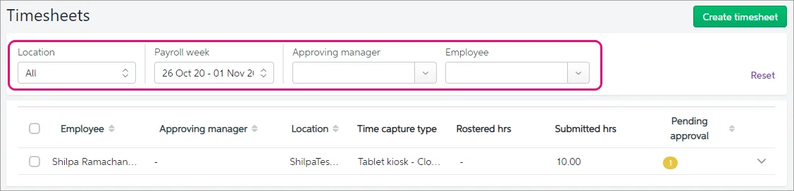 Timesheet filters highlighted