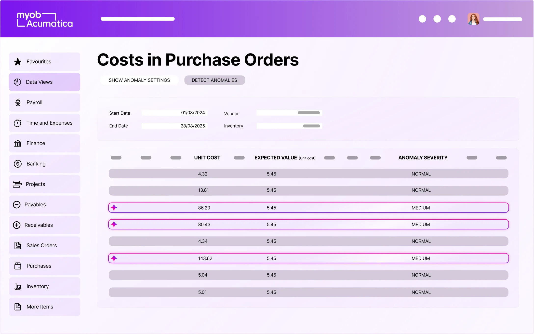 MYOB Acumatica dashboard showing Costs in Purchase Orders with unit costs, expected values, and anomaly severity ratings highlighted in pink.