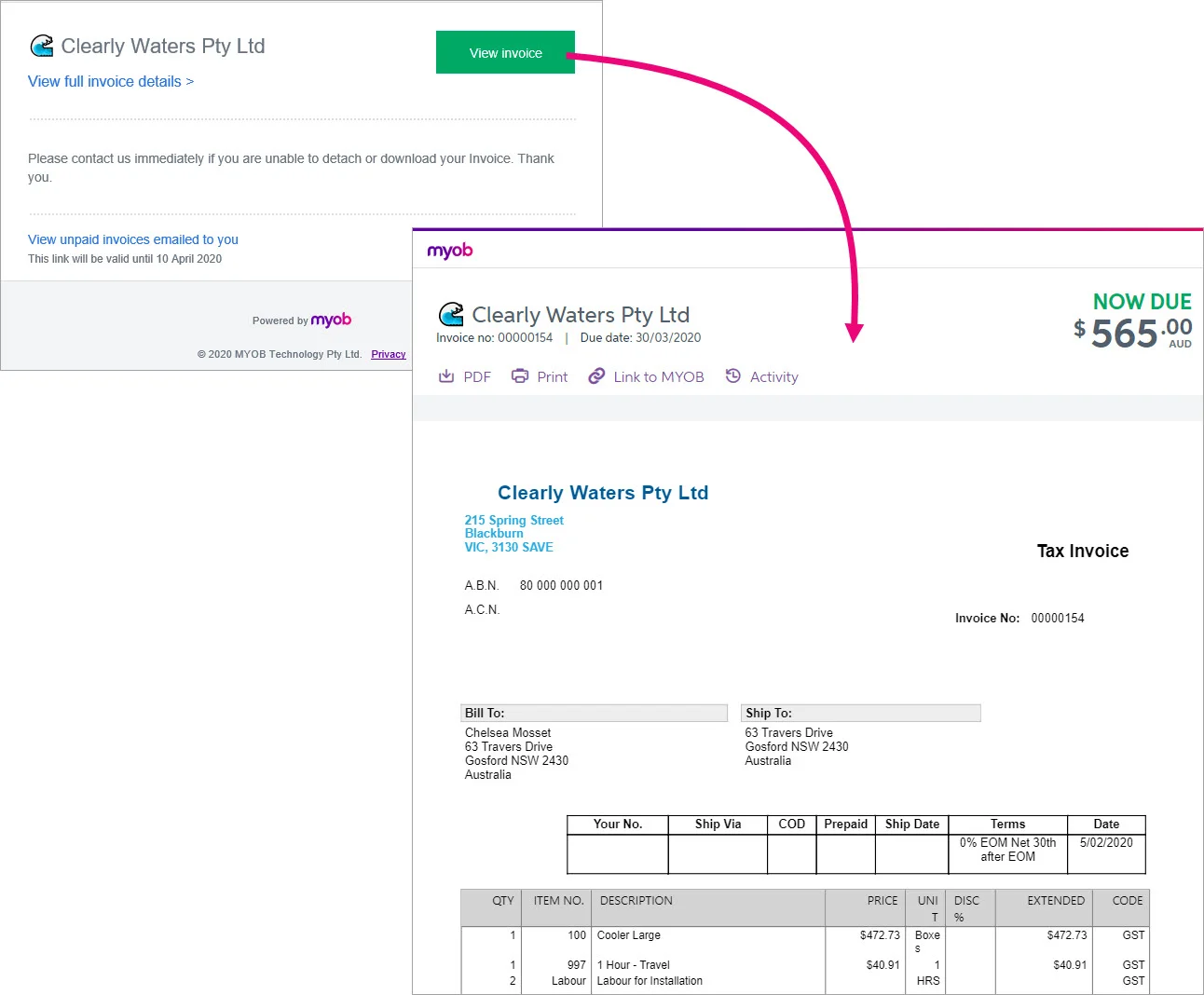 Arrow leading from the view invoice button to an example online invoice