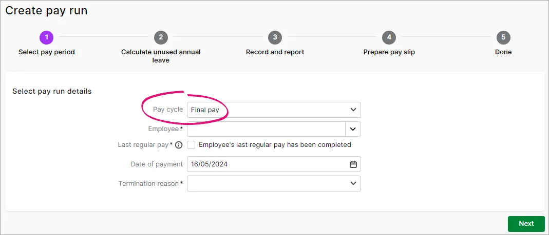 Example pay with Final pay chosen as the pay cycle