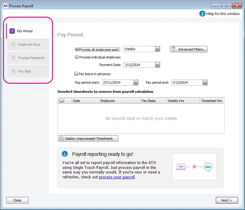 Example process payroll window in AccountRight