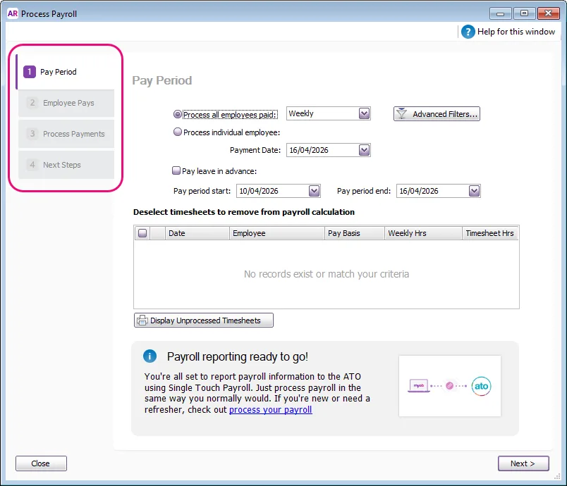 Example process payroll window in AccountRight