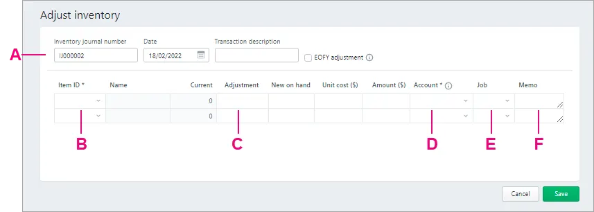 Adjust inventory page fields