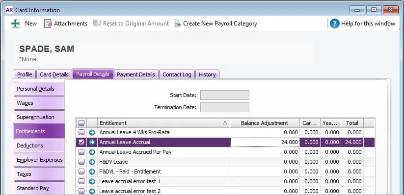 Opening leave balance entered in an employee card